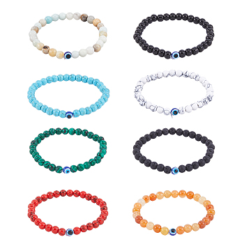 8Pcs 8 Style Natural & Synthetic Mixed Gemstone & Evil Eye Round Beaded Stretch Bracelets Set, Inner Diameter: 2 inch(5.2cm), 1Pc/style