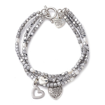 Cube Electroplated Synthetic Non-magnetic Hematite & Natural Pearl Multi-strand Beaded Bracelets, 304 Stainless Steel Heart Charm Bracelets for Women, 7-3/4 inch(19.8cm)