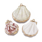 Electroplate Shell Pendants, with Brass Findings, Shell, Golden, 32~42x29~39x4~10mm, Hole: 2mm(SSHEL-O019-04)