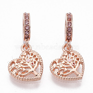 Alloy European Dangle Charms, with Rhinestone and Enamel, Large Hole Pendants, Heart with Tree, Rose Gold, 27mm, Hole: 5mm, Heart: 15x13x2mm(MPDL-T004-03RG)
