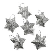 Plastic Glitter Star Pendant Decorations, Silk Ribbon Christmas Tree Hanging Decoration, Silver, 43x46x16.5mm(KY-D019-01C)