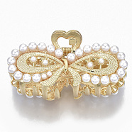 Alloy Claw Hair Clips, with ABS Plastic Imitation Pearl, Long-Lasting Plated, Textured, Bowknot with Heart, Light Gold, White, 26x53x26mm(X-PHAR-N004-018)