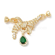 Rack Plating Brass Micro Pave Clear Cubic Zirconia Fold Over Clasps, with Green Glass, Cadmium Free & Lead Free, Long-Lasting Plated, Leaf, Golden, Leaf: 35x34x7mm, Clasp: 15x7x7mm, Inner Diameter: 5.5mm(KK-E084-34G)