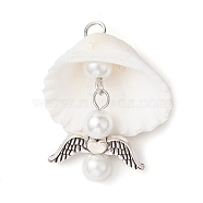 Copper Wire Wrapped Shell Pendants, Angel Charms with Glass Pearl Beads & Alloy Wings, Antique Silver & Platinum, 33x27x11.5mm, Hole: 3.2mm(PALLOY-JF02710-02)