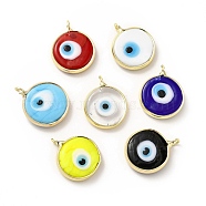 Handmade Evil Eye Lampwork Pendants, with Rack Plating Brass Findings, Long-Lasting Plated, Flat Round, Mixed Color, 18~19x15~16x4mm, Hole: 2mm(LAMP-F026-05)