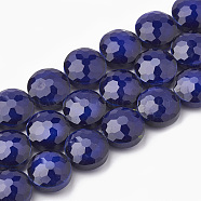 Opaque Solid Color Glass Beads Strands, Faceted, Flat Round, Indigo, 14x8mm, Hole: 1~1.2mm, about 25pcs/strand, 13.77 inch(35cm)(X-GLAA-N032-05F)