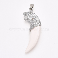 Resin Big Pendants, with Alloy Findings, Tiger Tooth Shape, Platinum, 61x24x10.5mm, Hole: 8~10x3~4mm(X-PALLOY-T069-52P)
