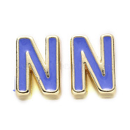 Rack Plating Alloy Enamel Beads, Cadmium Free & Nickel Free & Lead Free, Light Gold, Royal Blue, Letter.N, N: 10x7.5x4.5mm, Hole: 1.6mm(ENAM-S122-033N-NR)