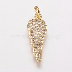 Brass Cubic Zirconia Pendants, Wing, Golden, 20x8x1.5mm, Hole: 3mm(KK-P134-26A-G)