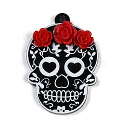 Halloween Theme Opaque Pendant, Rose Skull, Black, 38x26.5x7mm, Hole: 2mm(MACR-D036-04A)