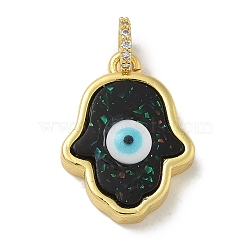 Rack Plating Brass Pendants, with Resin Imitation Opal & Glitter, Long-Lasting Plated, Lead Free & Cadmium Free,Hamsa Hand with Evil Eye, Black, 19.5x14.5x5mm, Hole: 3mm(KK-Q009-05G-04)