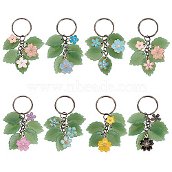 Flower Leaf Alloy Enamel & Glass Pendant Keychain, with Iron Findings, for Car Key Bag Decoration , Mixed Color, 7.3cm, 2 style, 4pcs/style, 8pcs/set(KEYC-AB00014)