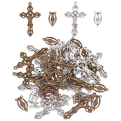 20Pcs 2 Colors Virgin Mary Tibetan Style Alloy Chandelier Component Links, 20Pcs 2 Colors Cross Jesus Tibetan Style Alloy Pendants, Antique Bronze & Antique Silver, 25~55.5x13~34x3~5mm, Hole: 2mm, 10pcs/style(DIY-AR0003-76)