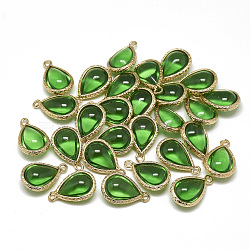 Glass Pendants, with Golden Tone Brass Findings, teardrop, Lime Green, 18.5x12.5x7mm, Hole: 1.5mm(GLAA-Q068-19A-12)