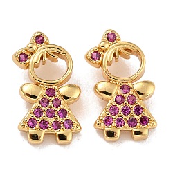 Brass Micro Pave Medium Violet Red Cubic Zirconia Charms, Girl, Real 18K Gold Plated, 13x7.5x4mm, Hole: 1.2mm(ZIRC-A021-59G)