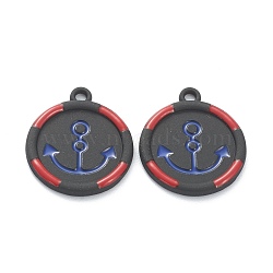 Baking Painted Alloy Enamel Pendants, for DIY Accessories, Flat Round with Anchor, Lead Free & Cadmium Free, Black, 19x16.5x2mm, Hole: 1.6mm(ENAM-I051-11LG-03)