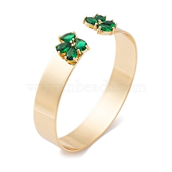 Brass Pave Green Glass Open Cuff Bangles for Women, Real 18K Gold Plated, Butterfly, Inner Diameter: 2-1/4 inch(5.7cm), Butterfly: 13x14mm(BJEW-S147-15G-A)