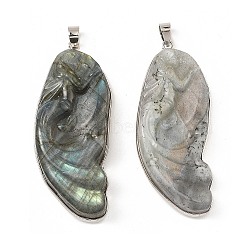 Natural Labradorite Big Pendants, with Rack Plating Brass, Long-Lasting Plated, Lead Free & Cadmium Free, Angel, Platinum, 55x23x10mm, Hole: 5x4mm(G-K338-32P)