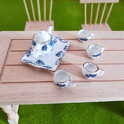 Mini Porcelain Tea Set, including 1Pc Teapot, 4Pcs Teacups, 1Pc Dishes, for Dollhouse Accessories, Pretending Prop Decorations, Blue, 10~35mm, 6pcs/set(PW-WGA0A0E-01)