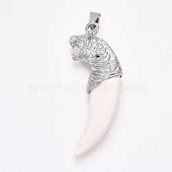 Resin Big Pendants, with Alloy Findings, Tiger Tooth Shape, Platinum, 61x24x10.5mm, Hole: 8~10x3~4mm(X-PALLOY-T069-52P)