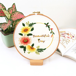 Flower Pattern DIY Embroidery Kit, including Embroidery Needles & Thread, Cotton Linen Cloth, Word Beautiful Day, Yellow, 290x290mm(DIY-P077-121)
