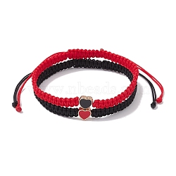 2Pcs 2 Colors Braided Nylon Thread, Chinese Knotting Cord Beading Cord Braided Bead Best Friends Bracelts, with Alloy Enamel Beads, Heart, Black, Red, 60~110, 1pc/color(BJEW-JB09768)