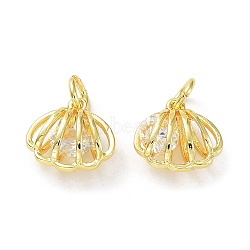 Rack Plating Brass Clear Cubic Zirconia Pendants, Long-Lasting Plated, Cadmium Free & Lead Free, with Jump Rings, Shell Shape, Real 18K Gold Plated, 12.5x12.5x7mm, Hole: 4mm(KK-B078-06G18)