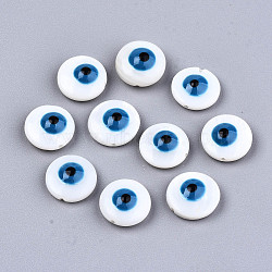 Natural Freshwater Shell Beads, with Enamel, Flat Round with Evil Eye, Dodger Blue, 10.5x4~5mm, Hole: 0.8mm(SHEL-T018-09B-03)