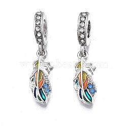 Rack Plating Alloy Enamel European Dangle Charms, Large Hole Pendants, with Crystal Rhinestone, Cadmium Free & Nickel Free & Lead Free, Feather, Platinum, Colorful, 28.5mm, Hole: 5mm, Feather: 18x7x2mm(MPDL-N039-041)