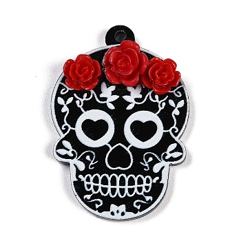 Halloween Theme Opaque Pendant, Rose Skull, Black, 38x26.5x7mm, Hole: 2mm