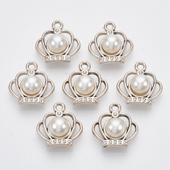 UV Plating ABS Plastic Pendants, with ABS Plastic Imitation Pearl, Light Gold, Crown, Creamy White, 19x19x10.5mm, Hole: 2mm