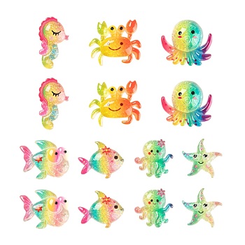 56Pcs 7 Style Resin Cabochons, Sea World Style, with Glitter Powder, Goldfish & Crab & Octopus & Starfish & Sea horse & Fish, Mixed Color, 8pcs/style