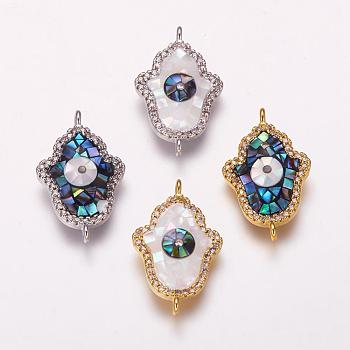 Brass Micro Pave Cubic Zirconia Links, with Freshwater Shell, Hamsa Hand/Hand of Fatima/Hand of Miriam with Evil Eye, Mixed Color, 23x14x3.5mm, Hole: 1mm