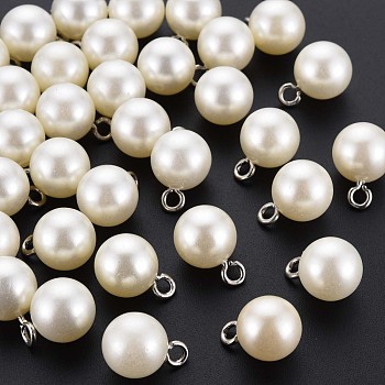 Resin Pendants, Imitation Pearl, with Platinum Tone Iron Loop, Round, Creamy White, 16.5x12mm, Hole: 2mm
