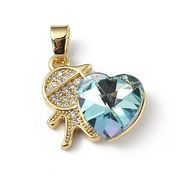 Real 18K Gold Plated Rack Plating Brass Micro Pave Clear Cubic Zirconia Pendants, with Glass, Long-Lasting Plated, Cadmium Free & Lead Free, Boy with Heart Charm, Pale Turquoise, 19.5x18x7.5mm, Hole: 5.5x3.5mm