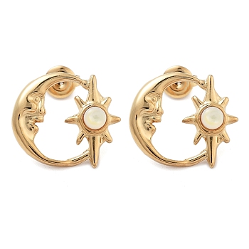 304 Stainless Steel Moon Stud Earrings, with White Natural Shell Beads, Golden, 17x19.5mm