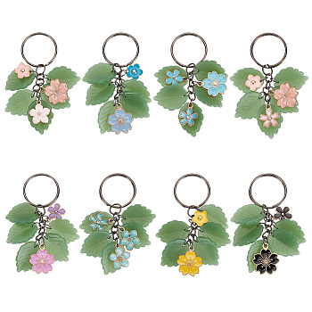 Flower Leaf Alloy Enamel & Glass Pendant Keychain, with Iron Findings, for Car Key Bag Decoration , Mixed Color, 7.3cm, 2 style, 4pcs/style, 8pcs/set