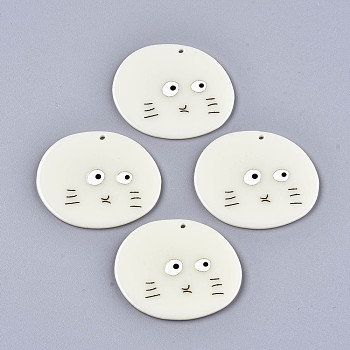 Acrylic Pendants, 3D Printed, Flat Round with Boy's face, Floral White, 33x40x2mm, Hole: 1.5mm