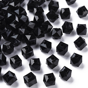 Opaque Acrylic Beads, Faceted, Square, Black, 10x10x9mm, Hole: 2mm, about 1068pcs/500g
