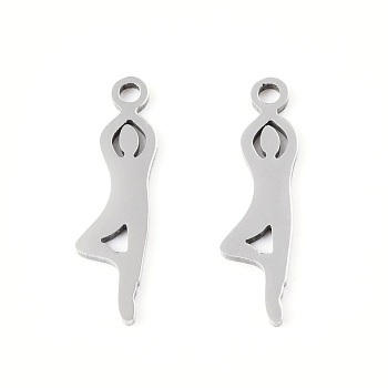 Yoga Theme 201 Stainless Steel Pendants, Human Charm, Stainless Steel Color, 18x5x1mm, Hole: 1.4mm