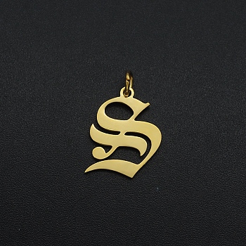 201 Stainless Steel Pendants, with Jump Ring, Old English, Letter, Laser Cut, Golden, Letter.S, 17x13x1mm, Hole: 3mm
