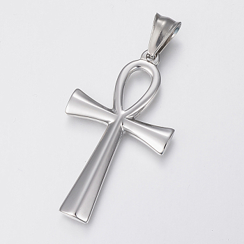 304 Stainless Steel Pendants, Ankh Cross, Stainless Steel Color, 44.5x25x3mm, Hole: 10x4mm