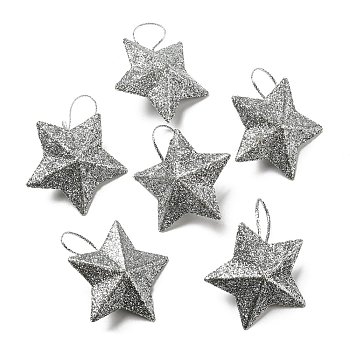 Plastic Glitter Star Pendant Decorations, Silk Ribbon Christmas Tree Hanging Decoration, Silver, 43x46x16.5mm