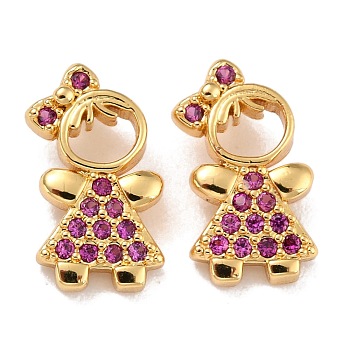 Brass Micro Pave Medium Violet Red Cubic Zirconia Charms, Girl, Real 18K Gold Plated, 13x7.5x4mm, Hole: 1.2mm