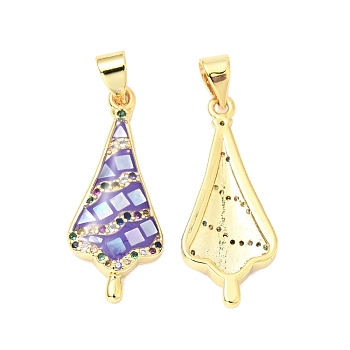 Brass Micro Pave Colorful Cubic Zirconia Pendants, with White Shell and Epoxy Resin, Cadmium Free & Lead Free, Golden, Umbrella, Medium Purple, 26x11x3mm, Hole: 3.5x5mm
