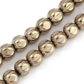 Electroplated Synthetic Non-magnetic Hematite Beads Strands, Grooved Round, Coffee Plated, 7x7mm, Hole: 1.2mm, about 58pcs/strand, 15.75''(40cm)