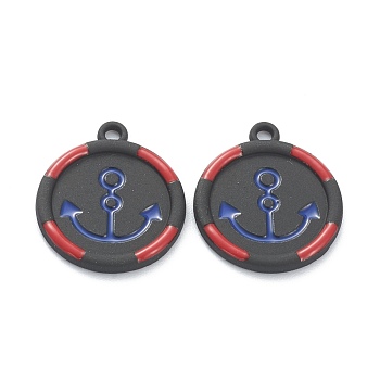 Baking Painted Alloy Enamel Pendants, for DIY Accessories, Flat Round with Anchor, Lead Free & Cadmium Free, Black, 19x16.5x2mm, Hole: 1.6mm