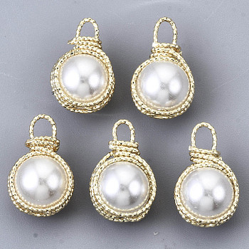 ABS Plastic Imitation Pearl Pendants, with Real 18K Gold Plated Brass Findings, Round, Creamy White, 14x9.5x8mm, Hole: 1.8mm