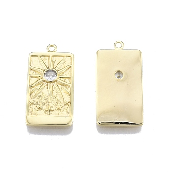 Brass Micro Pave Clear Cubic Zirconia Pendants, Rectangle with Sun & Star, Real 18K Gold Plated, 27x13.6x2.3mm, Hole: 1.5mm