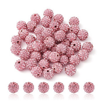 Pave Disco Ball Beads, Polymer Clay Rhinestone Beads, Round, Light Rose, PP13(1.9~2mm), 6 Rows Rhinestone, 10mm, Hole: 1.5mm